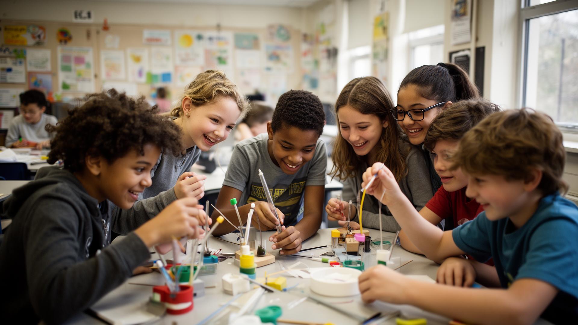 Diverse children and a mentor smiling while working on a STEM robotics project at sunset