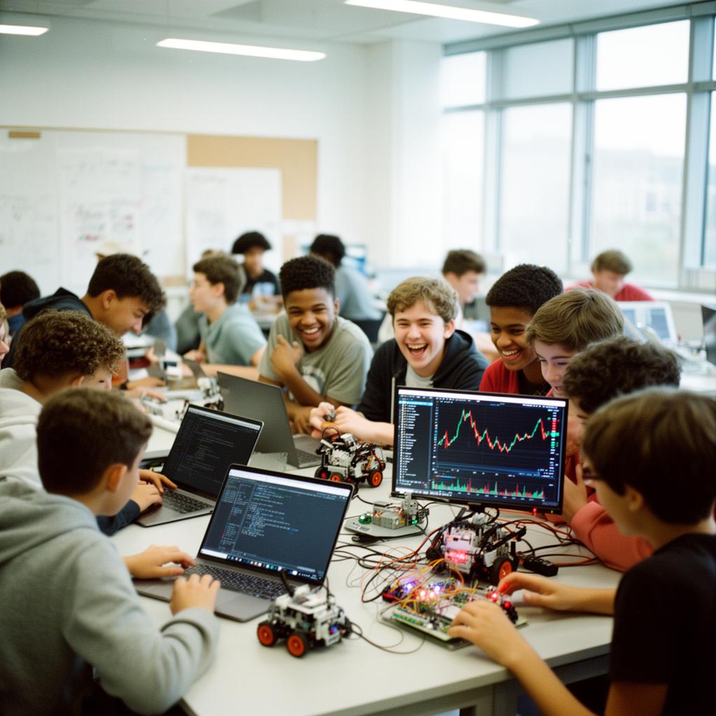 Kids excitedly experimenting with a science kit and circuit boards in a bright classroom